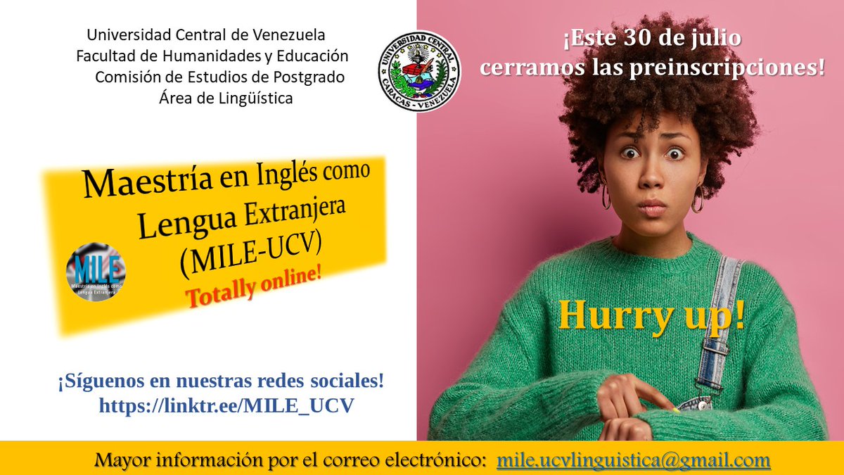 #English teacher, recibe educación de la más alta calidad; en la mejor universidad del país; con el mejor equipo docente y junto a destacados colegas en el área de #ELT. Todo un equipo de profesionales respaldando tu decisión. Preinscripciones hasta 30Jul. #UCV #masters #EFL #ESL