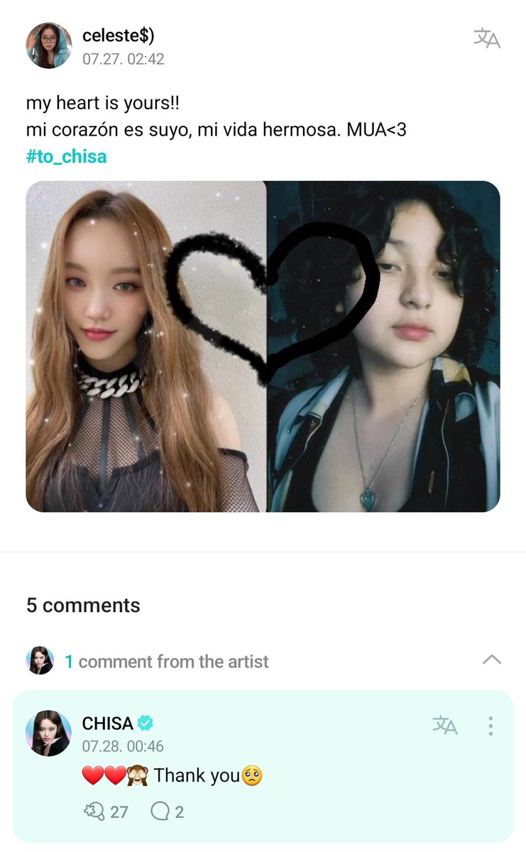 💭 Weverse | 28.07.22

👥: meu coração é seu!! 
meu coração é seu minha linda vida. MUA<3
#to_chisa

🐶: ❤️❤️🙈 Obrigada🥺