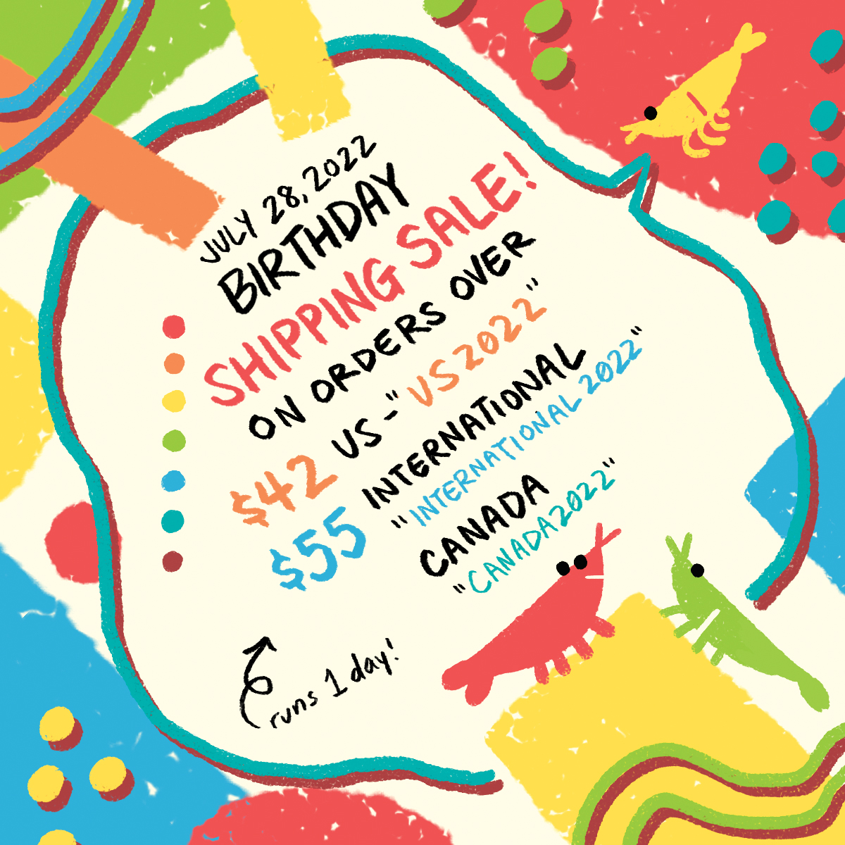 July 28, 2022 Birthday Shipping Sale!
Free shipping on orders over
✨ $42 US - code "US2022″
✨ $55 International, codes "INTERNATIONAL2022″ and "CANADA2022″
I also have some new things added to shop :>
Sale ends 7/29/2022 4 AM EST