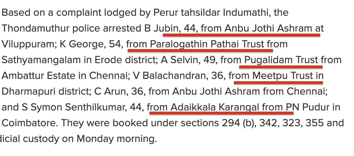 இந்த மனிதாபிமானமற்ற கொடூரச் செயலில் ஈடுபட்ட 6 தொண்டு நிறுவனங்கள்

1) Bless India Children home
2) Anbu Jothi Ashram
3) Paralogathin Pathai
4) Meetpu Trust
5) Adaikala Karangal
6) Pugalidam Trust

timesofindia.indiatimes.com/city/coimbator…