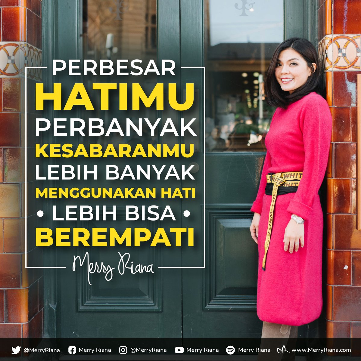 Perbesar hatimu. 
Perbanyak kesabaranmu.  
Lebih banyak menggunakan hati, 
Lebih bisa berempati.

Apa lagi nih yang perlu kita perbanyak? 😊

#SelaluAdaYangBaik

#MerryRiana #Motivasi #Inspirasi #MotivasiMerryRiana #InspirasiMerryRiana #MerryRianaQuotes #KataKataBijak