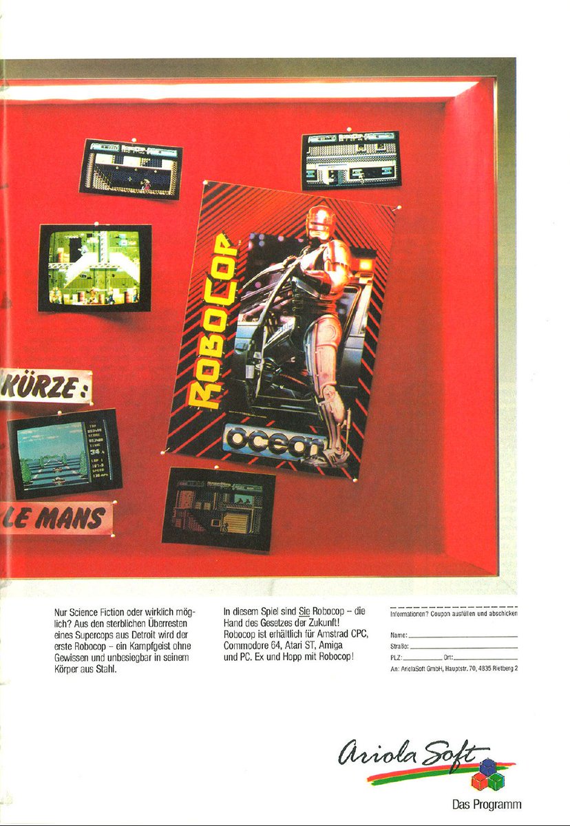 TakodanTweets's tweet photo. 1989 German two page ad by #Ariolasoft showing 'Batman' and 'Robocop' from #Ocean on #Amstrad #Commodore #C64 #Amiga #AtariST and #PC https://t.co/baK5zqbnTK