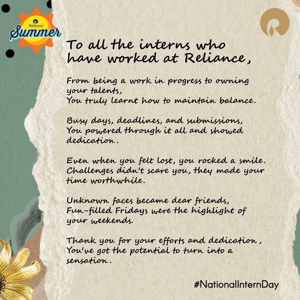 RILCampus's tweet photo. Happy #NationalInternsDay to all the interns who have worked or are working at Reliance! We are proud of you for all your achievements and dedication.
#Reliance #RILWayOfLife #RelianceSummer22 #SummerInternshipAtRIL #RILSummers #Summerinterns #Internship #Summer #Interns https://t.co/9V0VTtRwwp