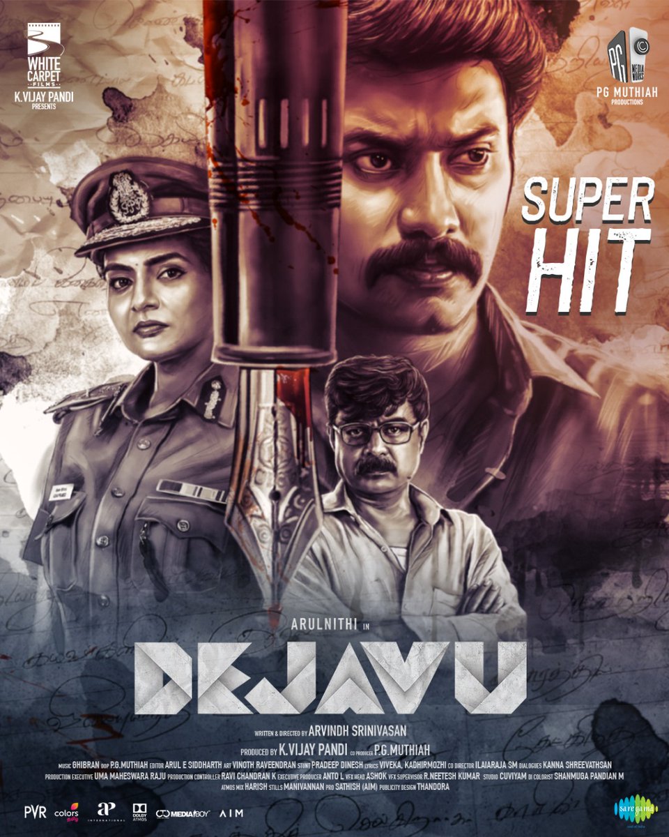 #Dejavu running with very good reception, Super HIT 👍 @arulnithitamil strikes accolades again.. #DejavuRunningSuccessfully @WCF2021 @vijaywcf @Pgmediaworks @MuthaiahG @dirarvindh @madhoo69 @smruthi_venkat @actorRagavVijay @GhibranOfficial @CtcMediaboy