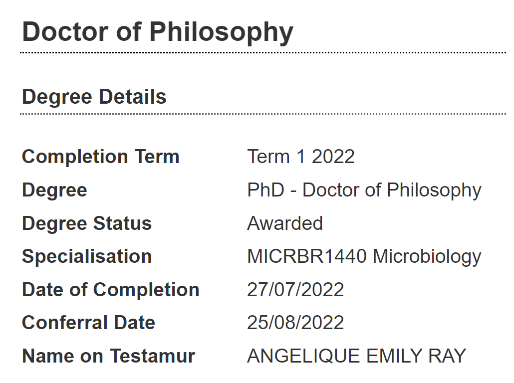Ray_AngeliqueE's tweet photo. And now it's official! My #PhD was awarded last night. Thanks to @ferrari_belinda, my mentors and peers, @UNSWBABS and @UNSWScience . I'd also like to thank my examiners for their time, and their kind and thoughtful feedback.
#WomeninSTEM #Neurodiversity #phdVoice #PhinisheD https://t.co/Pgrx63uYzm