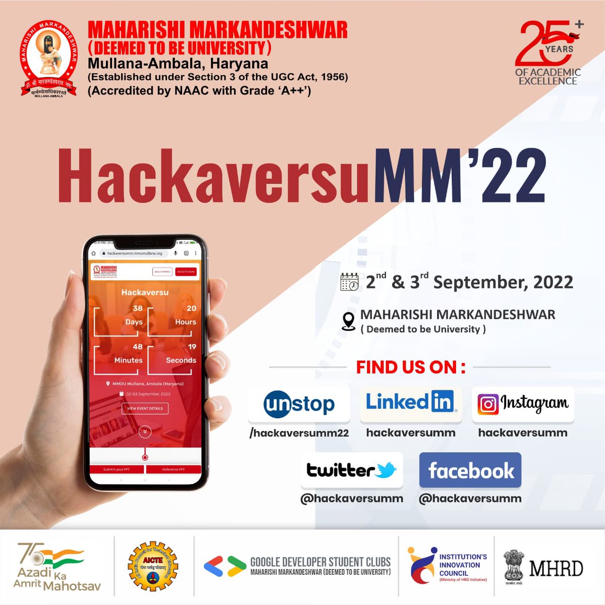 hackaversumm's tweet photo. For Updates regarding HackaversuMM, follow us on our social media handles

Last day of Registration is 5th August, 2022 so Go and Register your team.

@MMDUmullana
#mmdu #mmdumullana #hackaversumm #hackaversumm22 #hackathon https://t.co/GC6gKGcmPw