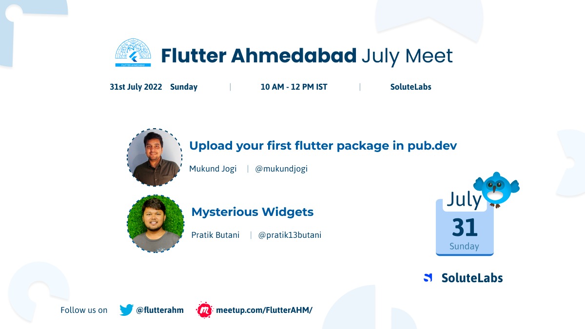 FlutterAHM's tweet photo. UPDATE: July Meetup✨

(In-person) 👥
📍venue @solutelabs 

🎙️Speakers @pratik13butani @mukundjogi

See you this Sunday morning 💫

https://t.co/5jRKUCB9V5 https://t.co/4fI9aL27wZ