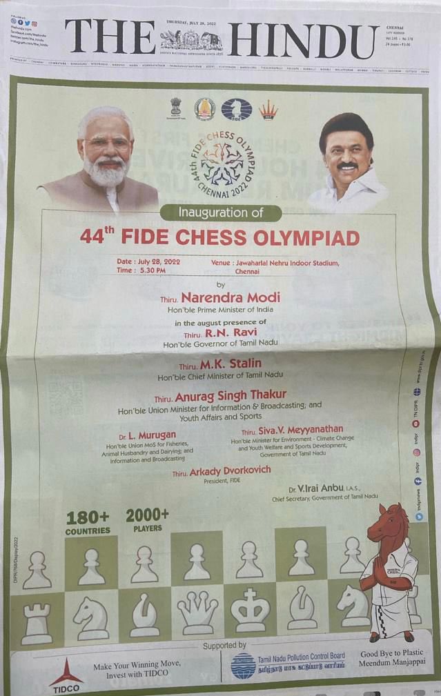 International Chess Federation on X: The Government of Tamil Nadu is doing  an exceptional job promoting the #ChessOlympiad. Today we could see an ad  on the front page of all major newspapers