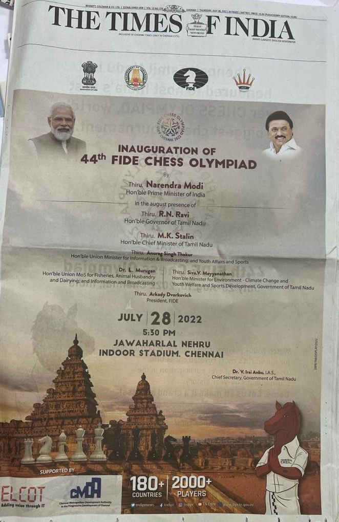 International Chess Federation on X: The Government of Tamil Nadu is doing  an exceptional job promoting the #ChessOlympiad. Today we could see an ad  on the front page of all major newspapers