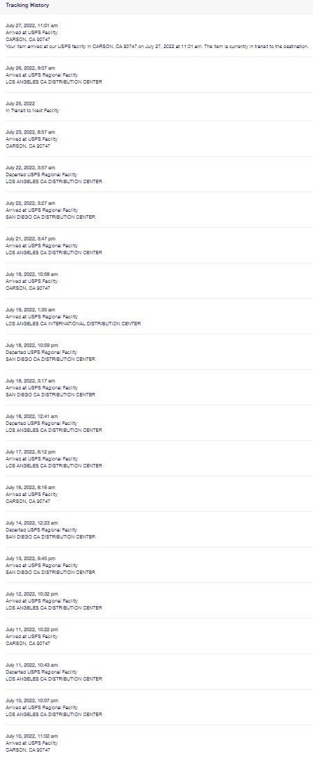 camdotcam's tweet photo. @USPSHelp 
My package is stuck in a loop: LZ005821440US
The parcel has been bouncing between LA, San Diego and Carson for 17 days.
Destination is Australia.
The helpline seems not to accept international calls, the parcel is ineligible for Missing Mail Inquiry.
What can I do? https://t.co/wlQCoFkSow