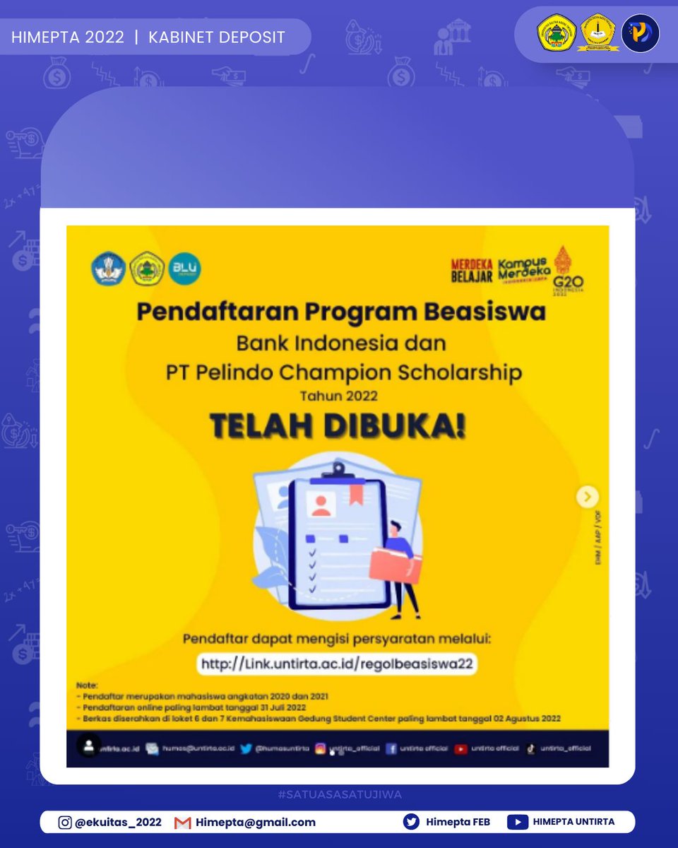 HimeptaFEB's tweet photo. [INFO BEASISWA] 

Halo Sobat Ekbang🙋🏻‍♀️ 

Pendaftaran program beasiswa Bank Indonesia dan PT . Pelindo Champion Scholarship Tahun 2022 Telah Dibuka Pendaftar dapat mengisi persyaratan melalui : https://t.co/isg2v0Y0m3 https://t.co/nRbJAEsFSq