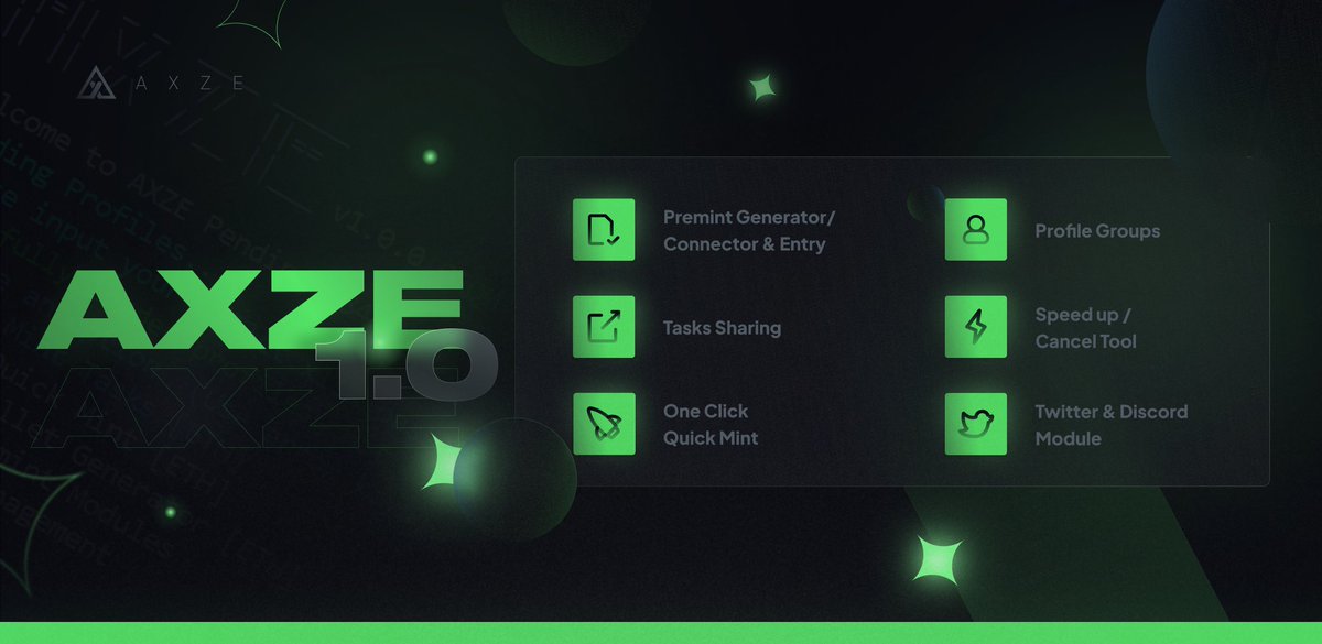 AxzeIO's tweet image. Introducing Axze 1.0, a new standard in ETH Automation Software🤖

Experience something like never before, mint and Premint entry within seconds🥶

To celebrate we are giving away 10 keys🎁

✅Follow
✅Like
✅RT
✅Tag a friend

Ends in 48 hours 🎉

#NFTGiveaway #NFT #ETH #Axze