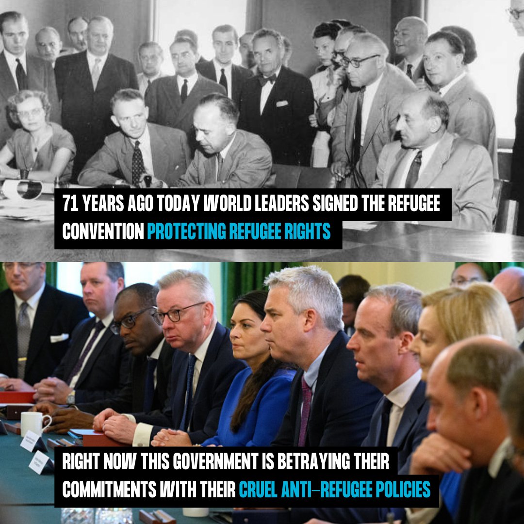 71 years ago today, following the Holocaust, world leaders signed the  #UNRefugeeConvention, committing to protect people fleeing war & torture.  Today our government is putting in place cruel #antirefugee policies,  turning their