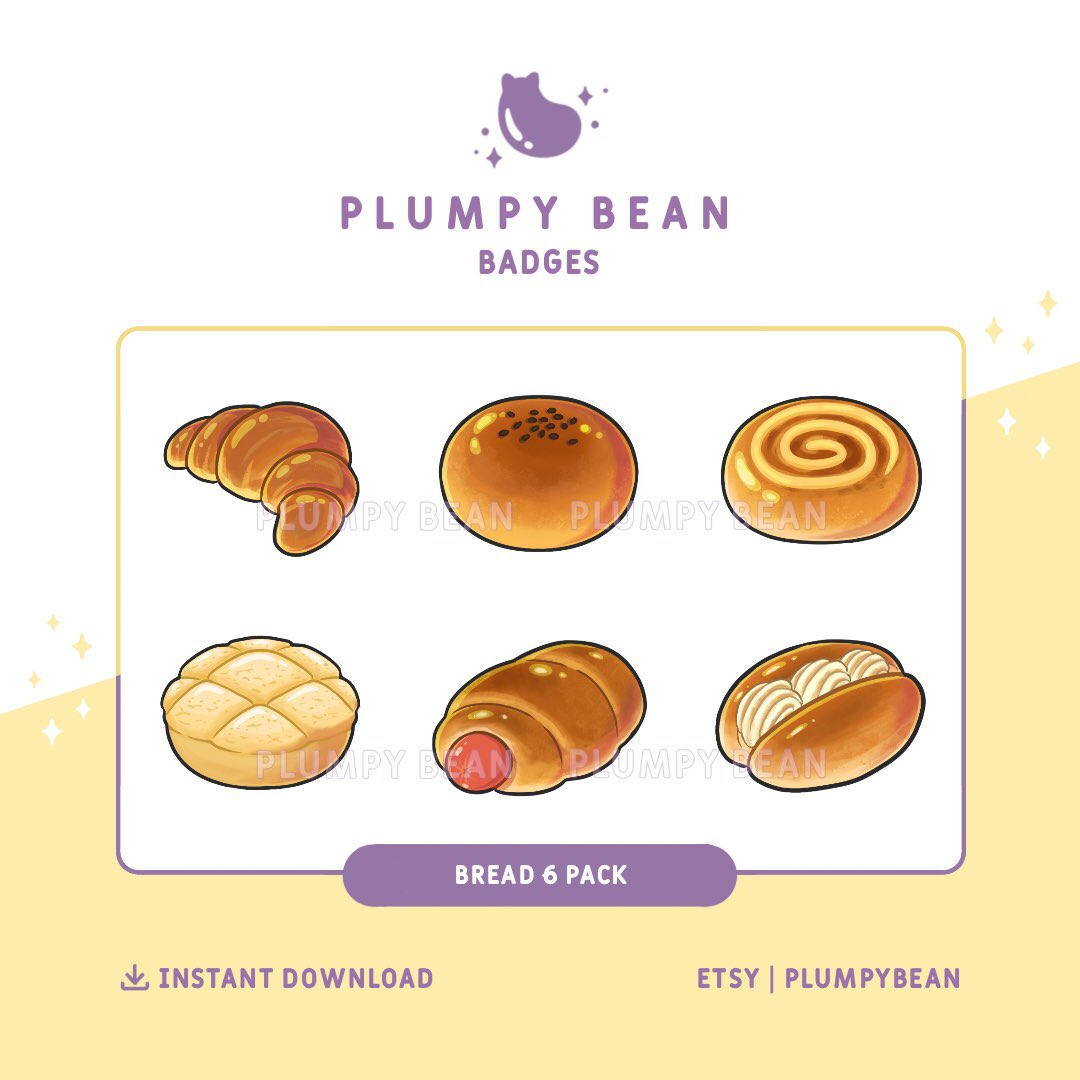 PlumpyBean's tweet image. Bread Twitch badge pack now available on my Etsy! 🥐

etsy.com/shop/PlumpyBean