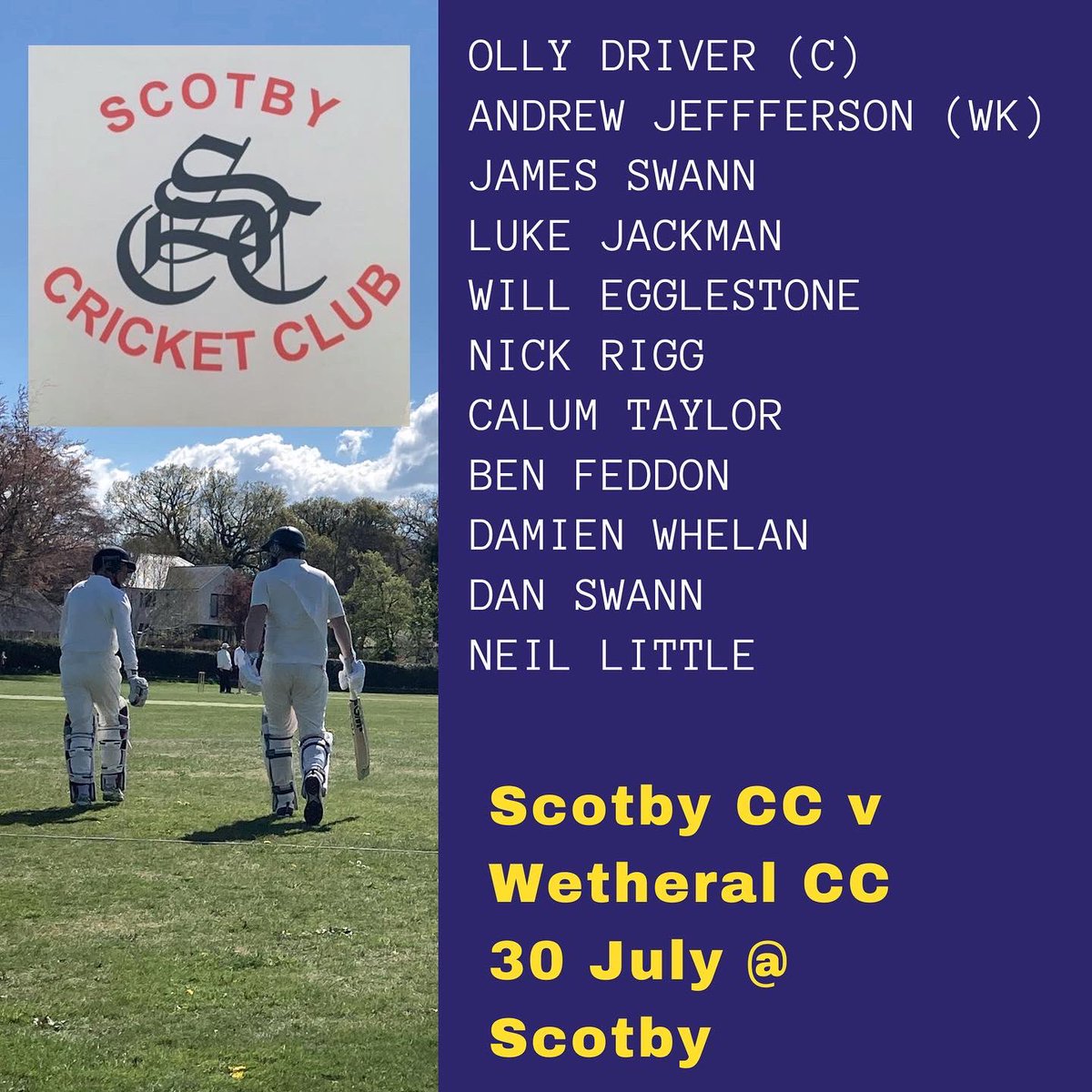 On Saturday, we host <a href="/WetheralCC/">Wetheral CC</a> at Scotby in the return fixture of the #ParishDerby 🏏 

This weeks game has been kindly sponsored by: <a href="/mm_musicmakers/">Music Makers</a> 

For more info go to: musicmakers-cumbria.co.uk

#ParishDerby #VillageCricket #EVCL #CumbriaCricket