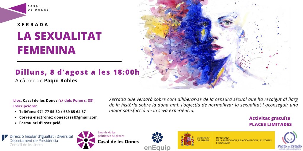 casaldones's tweet photo. El dilluns 8 d'agost tindrem una xerrada a càrrec de la psicòloga Paqui Robles que versarà sobre el tabú de sexualitat femenina i cóm alliberar-se d'ell.
🔔Places disponibles!
#sexualitatfemenina #tabusexual #casaldelesdones https://t.co/kx5ktlm34Y