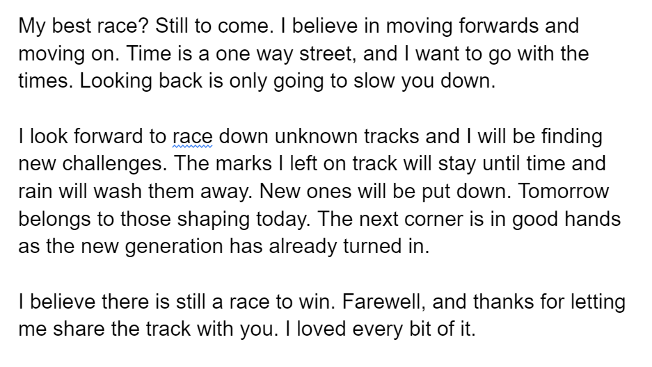Sebastian Vettel's retirement speech in full damn near brought me to tears