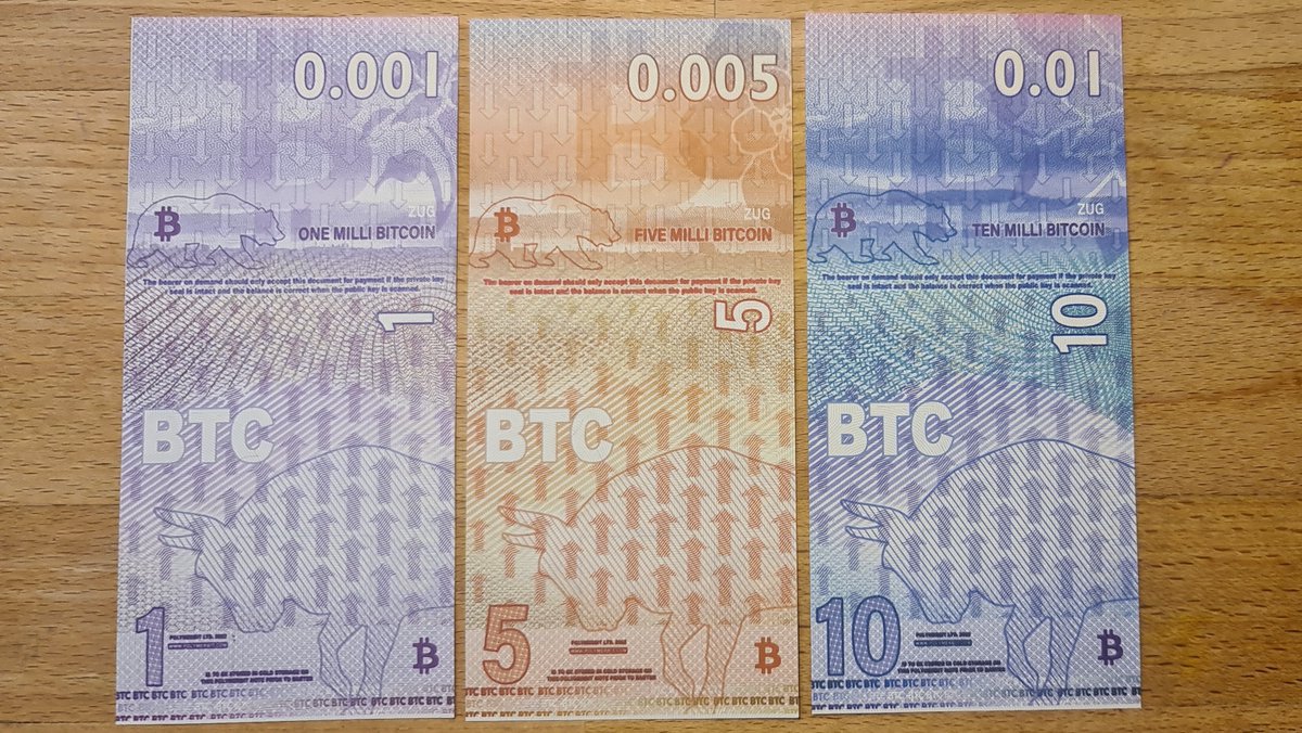 polymerbit's tweet image. Proof print of the 1,5 &amp;amp; 10 mbtc notes. Crypto Valley Series v3 28.07.2022 #Bitcoin #design #banknotedesign