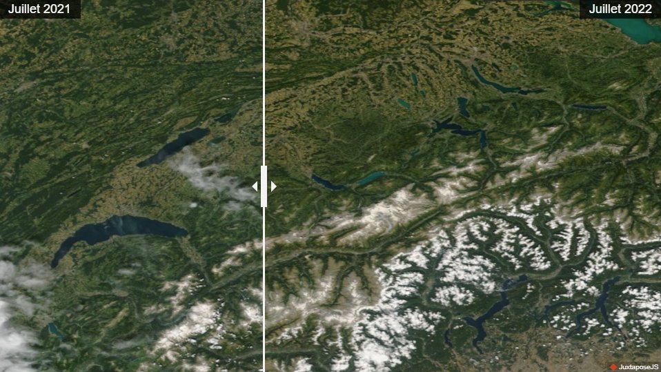 Des champs jaunes et des sommets sans neige: la #sécheresse qui sévit en #Suisse est même visible de l'espace, selon des images satellite de la #NASA rts.ch/info/sciences-…