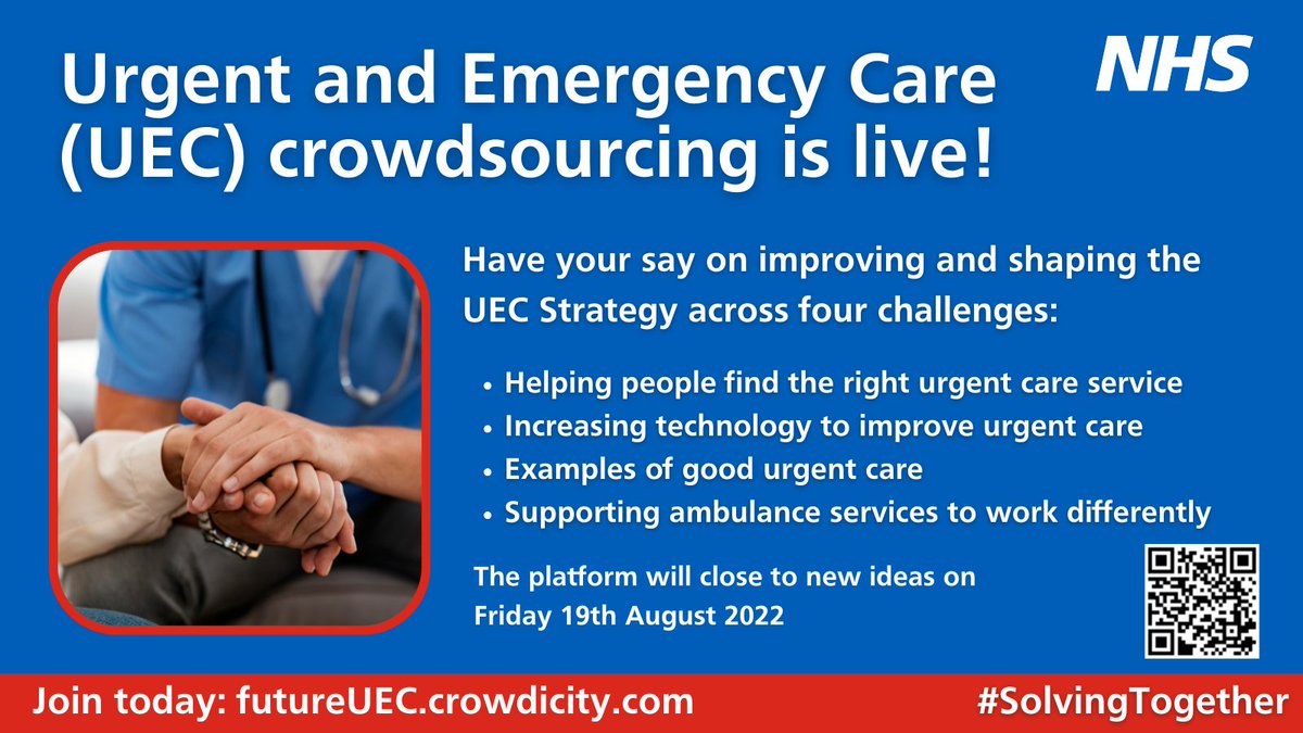 Do you want to help shape the new Urgent and Emergency Care (UEC) strategy❓

🚨The UEC crowdsourcing platform is the place for you!🚨

Share your thoughts &amp; opinions here now➡️ ️futureuec.crowdicity.com

Anyone is welcome to take part, so let's keep #SolvingTogether! 💙