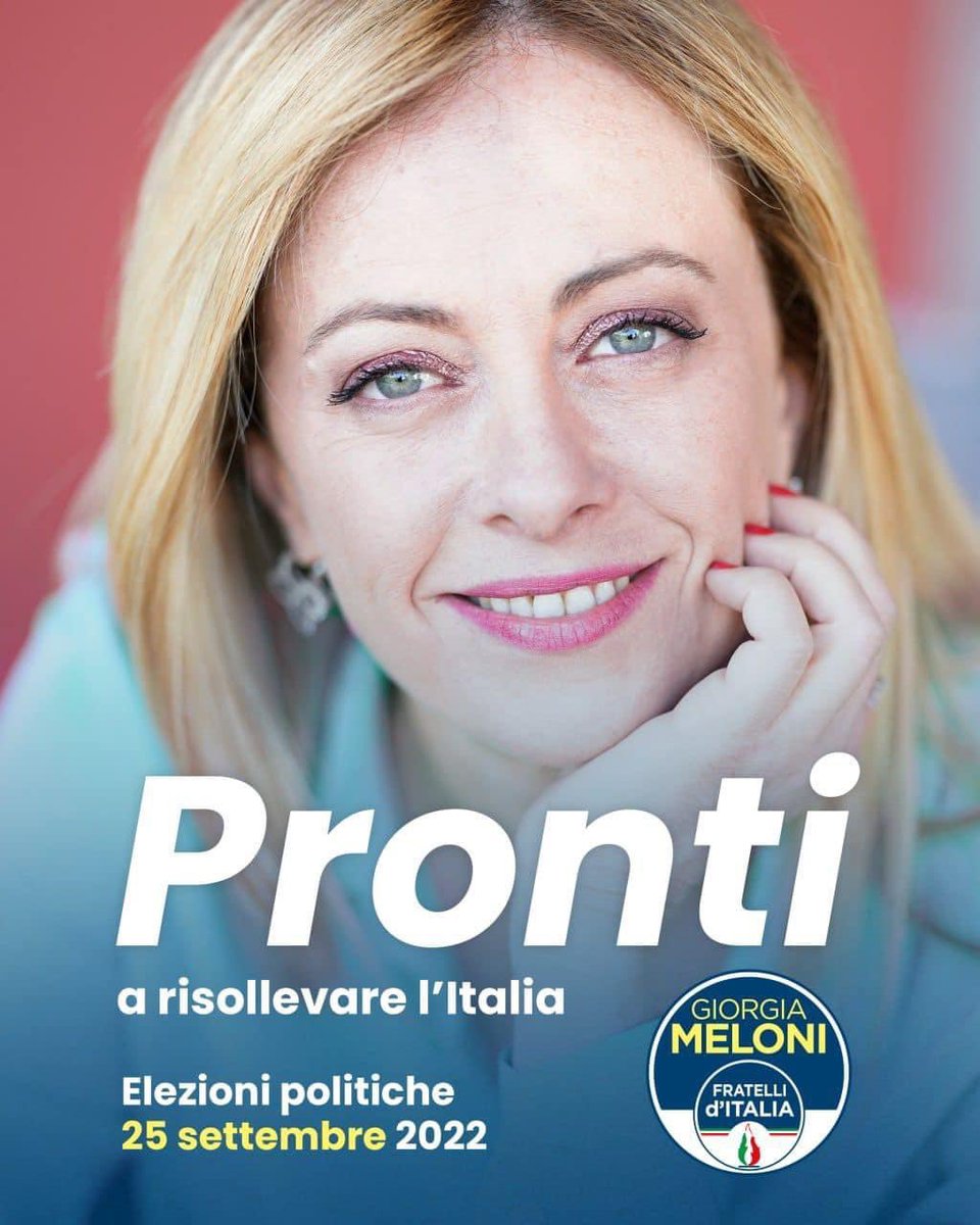 GiorgiaMeloni's tweet image. Il 25 settembre abbiamo un’occasione unica per risollevare l’Italia ed evitare che la sinistra torni al governo dopo anni di disastri e restrizioni. 
Noi siamo pronti a fare la nostra parte.
#ElezioniPolitiche2022 #VotaFDI
