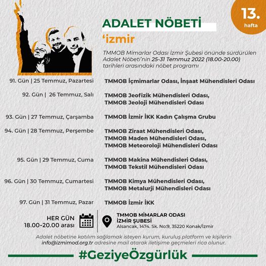 İzmir Adalet Nöbetinin 91. Gününde Ziraat Mühendisleri Odası olarak nöbet sırası bizlerde. Dayanışmayı güçlendirmek için tüm meslektaşlarımızla saat 18:00-20:00 arasında İzmir Mimarlık merkezinde nöbette buluşmayı diliyoruz.