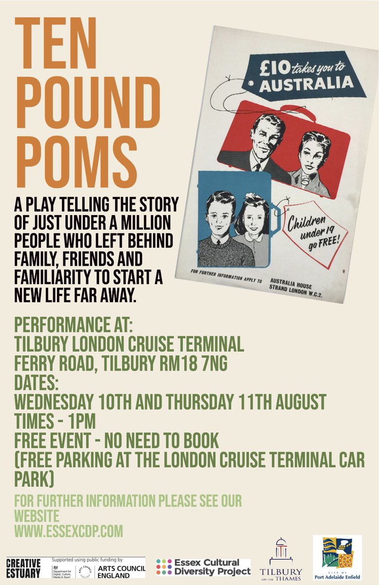 All are invited to a special Ten Pound Poms promenade performance at #Tilbury Docks on 10 &amp; 11 August 1pm... Over the last few weeks <a href="/TWTtheatre/">Time Will Tell</a> has been collecting stories from those who traveled from Tilbury Port to Port Adelaide to start a new life... essexcdp.com/event/tenpound…