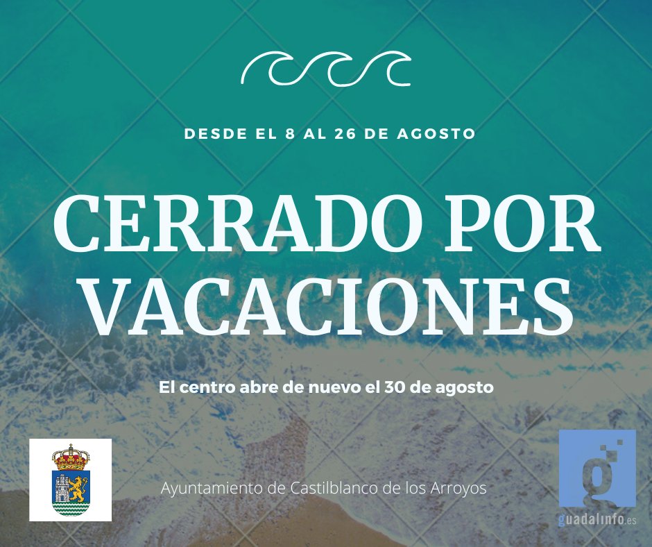 El centro Guadalinfo del Ayuntamiento Castilblanco de los Arroyos les informa que desde el lunes 8 de agosto permanecerá cerrado, abriendo de nuevo el martes 30 de agosto.   
Para su comodidad solicite cita a partir de esa fecha 👇 castilblancodelosarroyos.es/.../cita-previ…