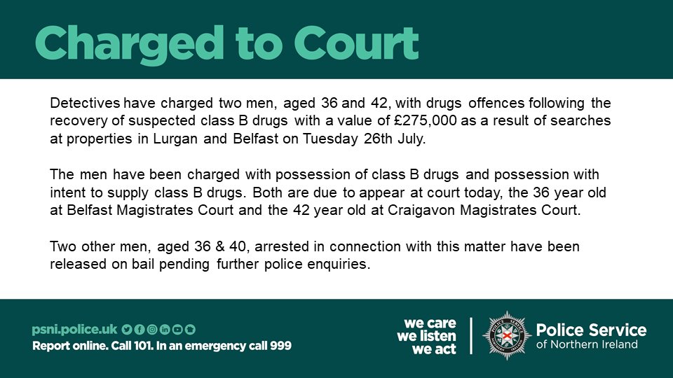 Two men have been charged to appear at court in relation to the recovery of £275,000 of suspected class B drugs after searches in Belfast and Lurgan on Tuesday.
#OpDealBreaker