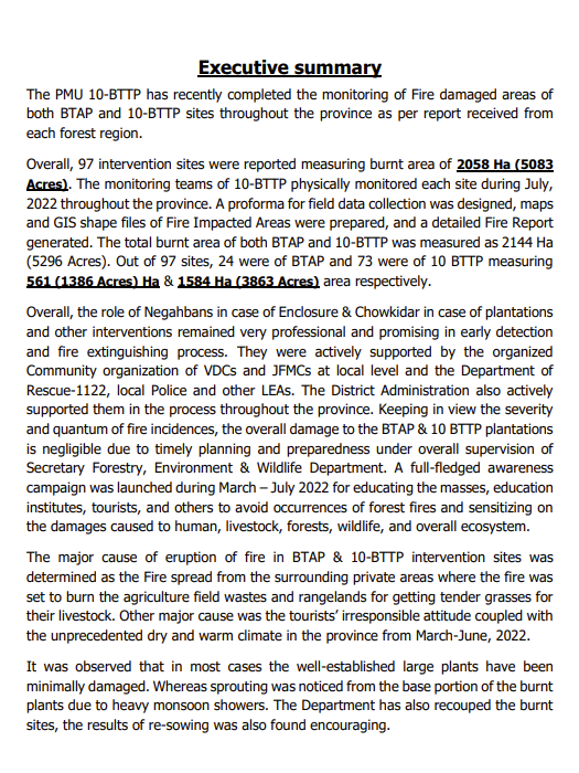 FEWDKPGovt's tweet photo. Comprehensive monitoring report on fire-affected areas of BTAP &amp; 10BTTP after physically checking each site appreciates efforts of Forest Dept, Rescue 1122, Communities &amp; Nagahbans
Finds rehabilitation of the affected sites is underway
Link of e-report > https://t.co/pC0jXsRi99 https://t.co/XX4wKOz8oi