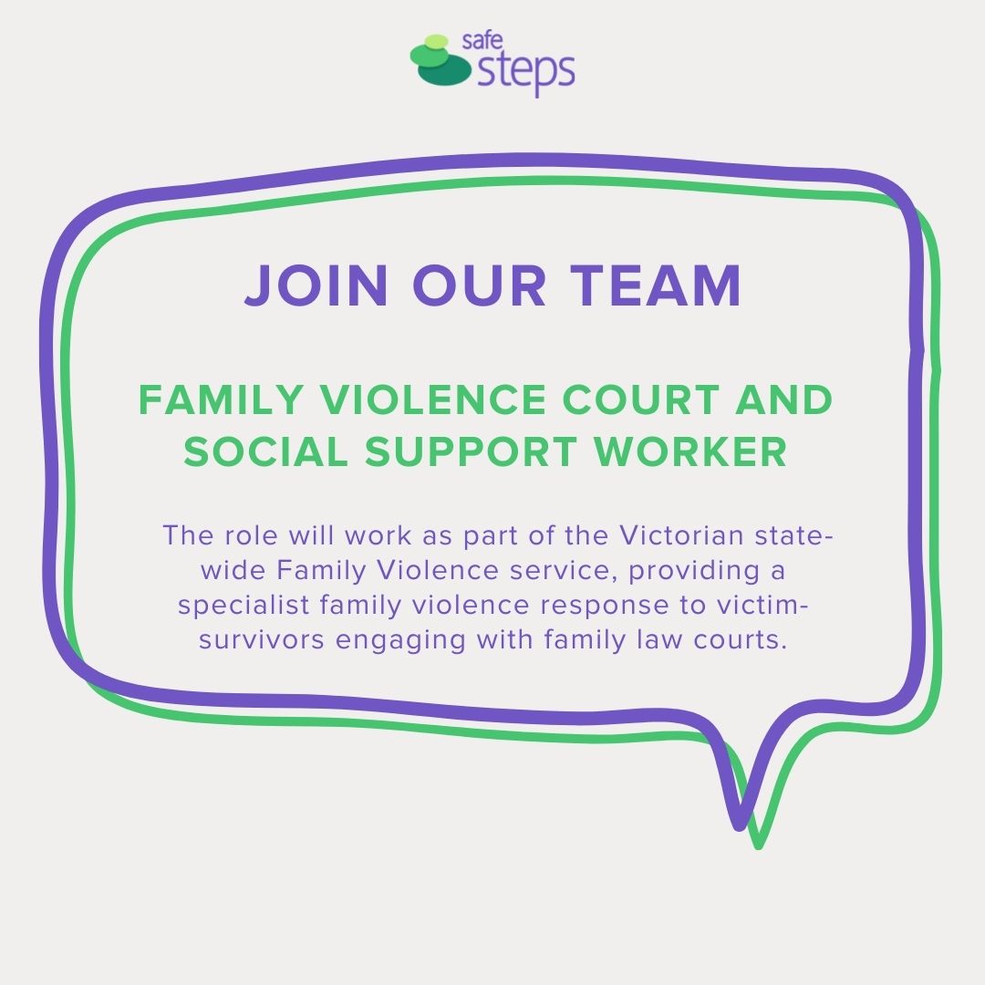 safestepsFV's tweet photo. Join our dedicated team and help make a difference in the lives of people experiencing family violence.
The Role: Family Violence Court and Social Support Worker
Visit https://t.co/1BaKPJjrOx for more information.
#safesteps #nfpjobs #endfv https://t.co/r4080CCUyw