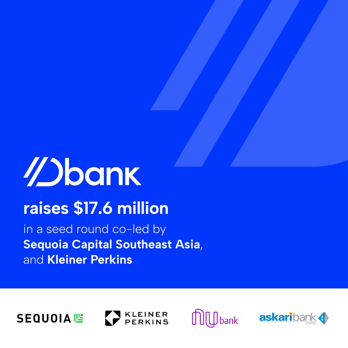 DGlobalOfficial's tweet image. Dbank raises $17.6 million in a seed round co-led by Sequoia Capital Southeast Asia &amp;amp; @kleinerperkins.

Strategic partners include @nubank @Askari_Bank &amp;amp; @therayngroup to create access to finance for everyone!
@taidrus @kjamali
 
#Dbank #DemocratizingAccess #fintech