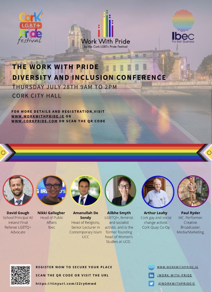 UCCEquality's tweet image. Looking forward to the great line up at #workwithpride @corkpride at Cork City Hall today and hearing a keynote address by our @UCC colleague Dr @desondy