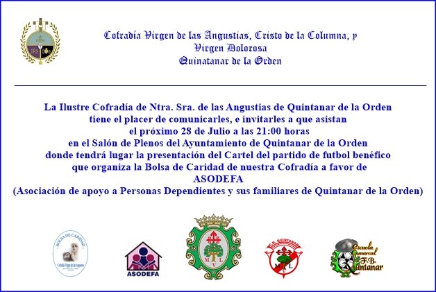 CDQuintanar1's tweet photo. Hoy 28 de julio se realizará en el Salón de plenos del ayuntamiento de Quintanar de la Orden la presentación del cartel del partido benéfico que jugará nuestro club a favor de ASODEFA.⚪🔴

#FranjirojosDeCorazon https://t.co/OLRms3LDW0