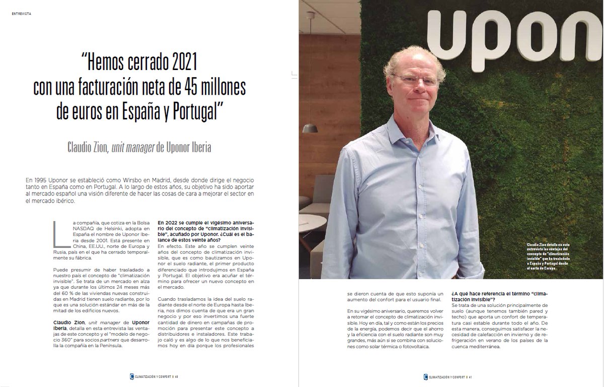 Uponor_ES's tweet image. Claudio Zion, Unit Manager Uponor Iberia, ha concedido una entrevista a @CdeClimaConfort en la que habla sobre los #20añosClimatizaciónInvisible en España y los retos actuales y futuros del sector.

issuu.com/cdecomunicacio… 

#MovingFoward