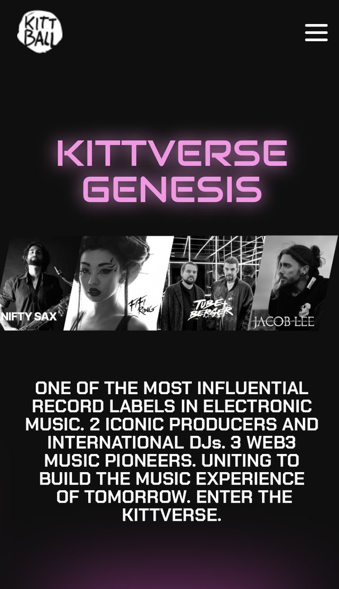 Tube & Berger (@tubeandberger) on Twitter photo Let’s make #MusicNFTs trending again 🎉🥁🌙
The KITTVERSE is coming.
Kittverse.io 🛸
<a href="/KittballRecords/">Kittball Records / Kittverse</a> <a href="/fifirong/">fifirong.eth</a> @jacobleemusic <a href="/NiftySax/">NiftySax</a> <a href="/JulietSikora/">Juliet Sikora</a> @fuelweb3 <a href="/melabeeofficial/">MELA BEE</a> <a href="/Frank__Klassen/">Frank Klassen</a> <a href="/ParinHeidari/">PARIN</a> Let’s make #MusicNFTs trending again 🎉🥁🌙
The KITTVERSE is coming.
Kittverse.io 🛸
<a href="/KittballRecords/">Kittball Records / Kittverse</a> <a href="/fifirong/">fifirong.eth</a> @jacobleemusic <a href="/NiftySax/">NiftySax</a> <a href="/JulietSikora/">Juliet Sikora</a> @fuelweb3 <a href="/melabeeofficial/">MELA BEE</a> <a href="/Frank__Klassen/">Frank Klassen</a> <a href="/ParinHeidari/">PARIN</a>