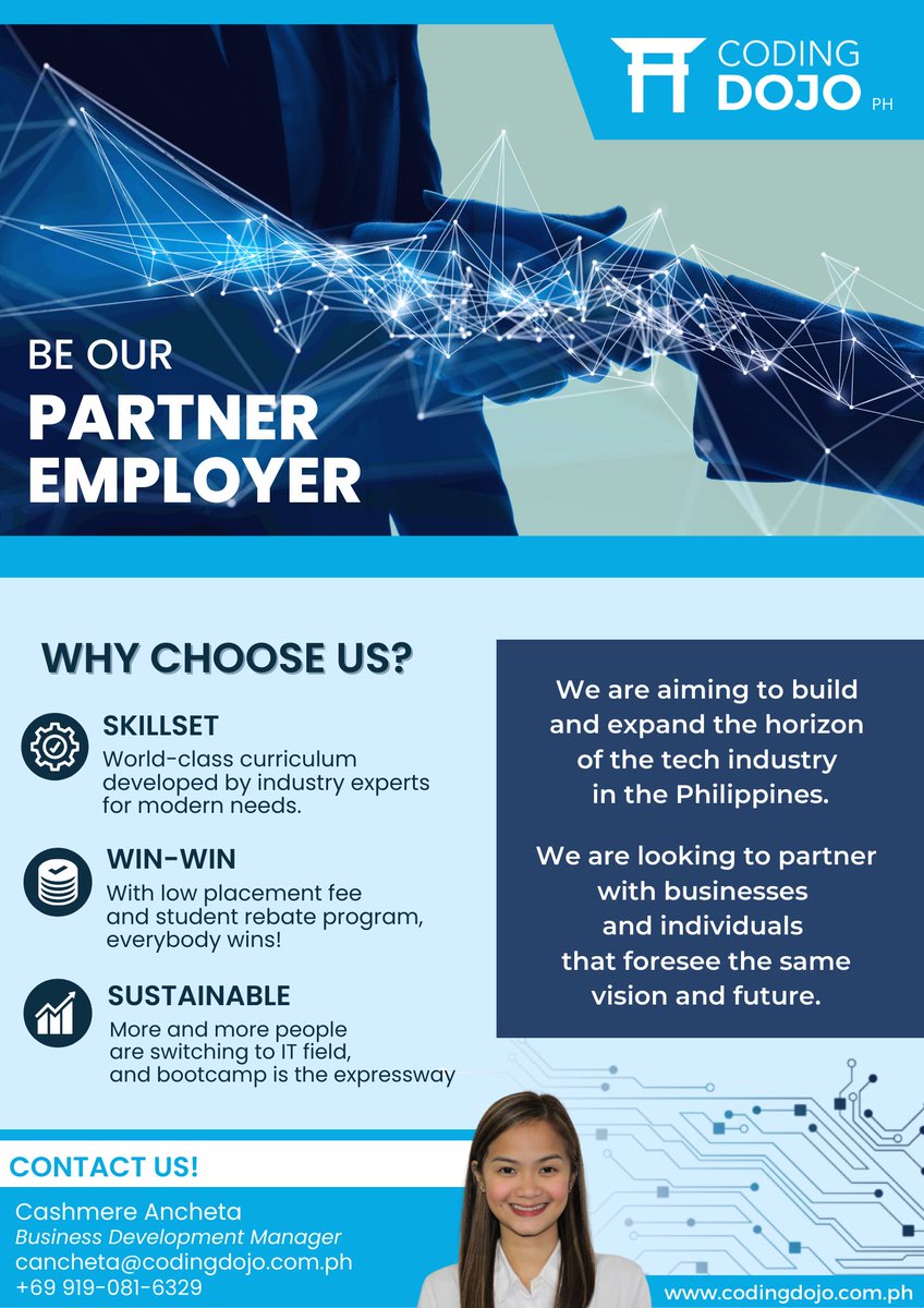 CodingDojoPh's tweet image. Become our Partner Employer!
Contact us now: +63 919-081-6329
codingdojo.com.ph
#codingph #coding #uxui #datascience #webdeveloper
#partnership #outsourcing #staffaugmentation