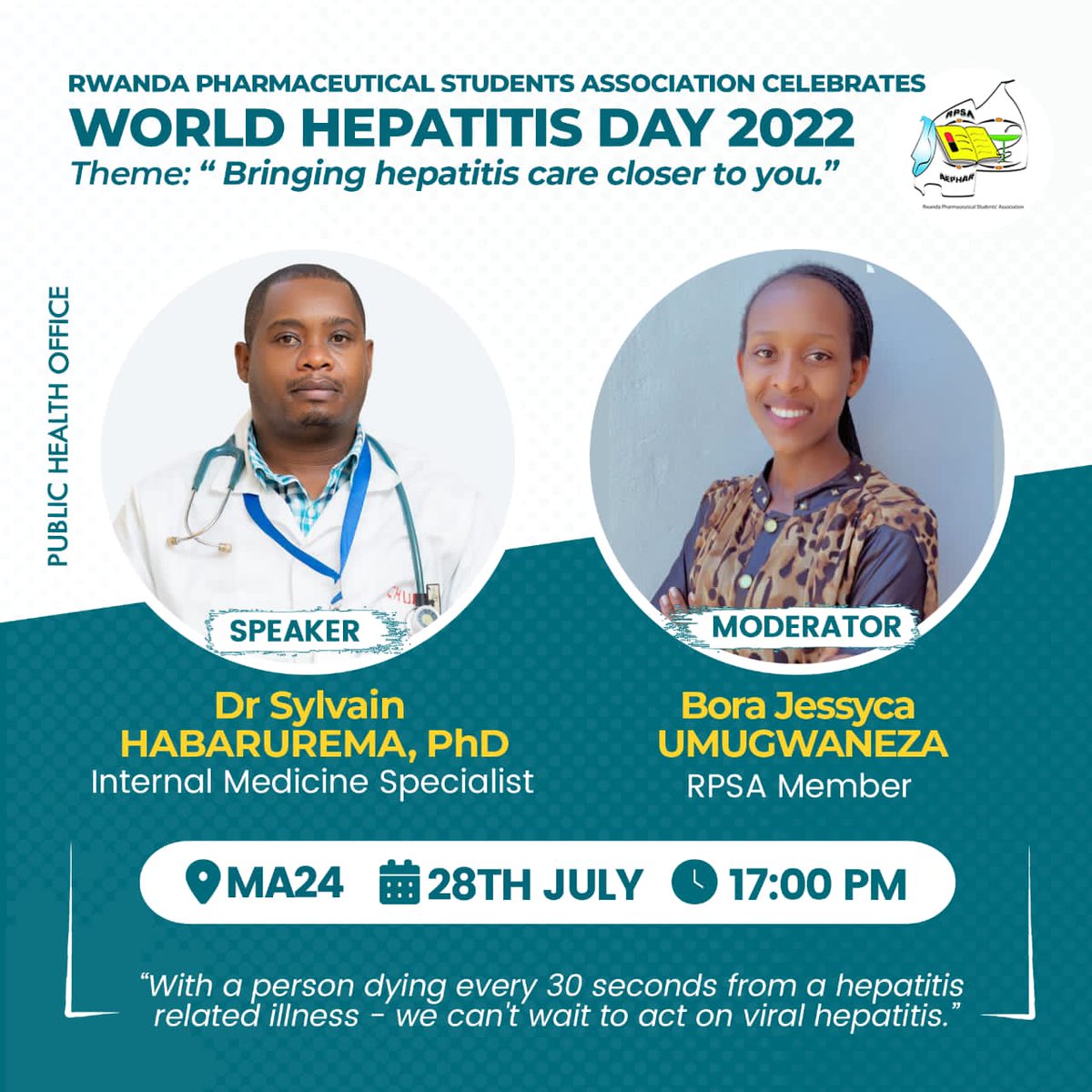 The theme of World Hepatitis Day 2022 ' Bringing hepatitis care closer to you.' is a call to people to access the very convenient testing options that are available and free.

Join @RPSARwanda to address and act on Hepatitis diseases

#WorldHepatitisDay2022 
#RPSATing