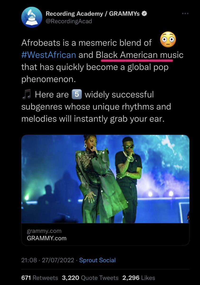 Share your thoughts.

The #Grammys is claiming #Afrobeats as a Black American Music.

Should we allow the Non-African media tell the Afrobeats story??