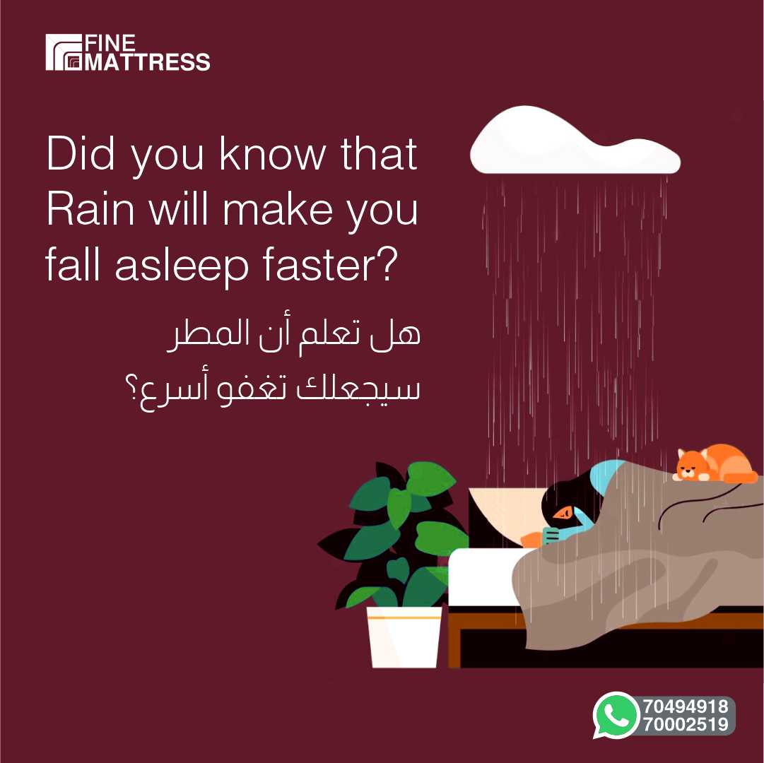 أظهرت بعض الدراسات أن صوت المطر يجعل عقلك يرتاح. ثم يفرز الجسم هرمون يسمى الميلاتونين مما يؤدي إلى الشعور بالنعاس الشديد وبالتالي الى النوم العميق.

#FineMattress #SleepWell #PerformBetter #Infographics #RainInDoha #RainInQatar #RainSounds