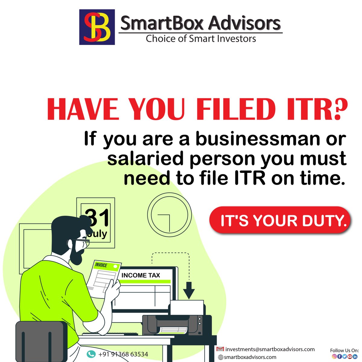 SmartboxA's tweet image. The due date of file ITR for AY 2022-23 is ,31 July, 2022.