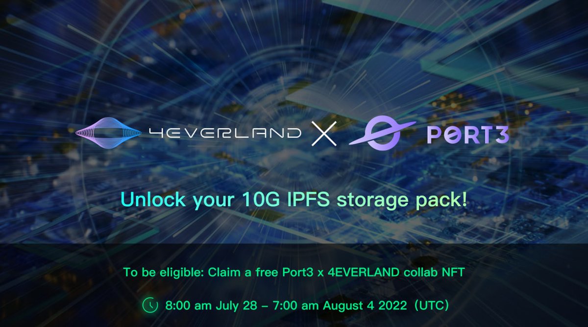 <a href="/4everland_org/">4EVERLAND | Web3 AI Cloud Platform</a> To celebrate the collaboration of <a href="/Port3Network/">Port3 Network</a> and <a href="/4everland_org/">4EVERLAND | Web3 AI Cloud Platform</a>, we are hosting an exclusive #Giveaway campaign.
🎁Rewards: NFT+10GB IPFS storage
🧭Period: July 28th - August 4th
📍Enter: bit.ly/3PGt5O5
Big rewards for you to grab. Don’t miss it!