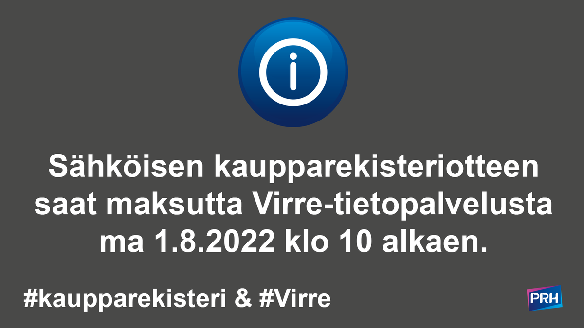 prh_fi's tweet photo. Saat ladattua laitteellesi yrityksen tai asunto-osakeyhtiön sähköisen kaupparekisteriotteen maksutta ma 1.8.2022 klo 10 alkaen Virre-tietopalvelusta: https://t.co/4X0F6Tn27v
Tilattava #kaupparekisteriote on jatkossakin maksullinen.
#kaupparekisteri &amp; #Virre #yritykset #yrittäjät https://t.co/Xxiy6YY5I5