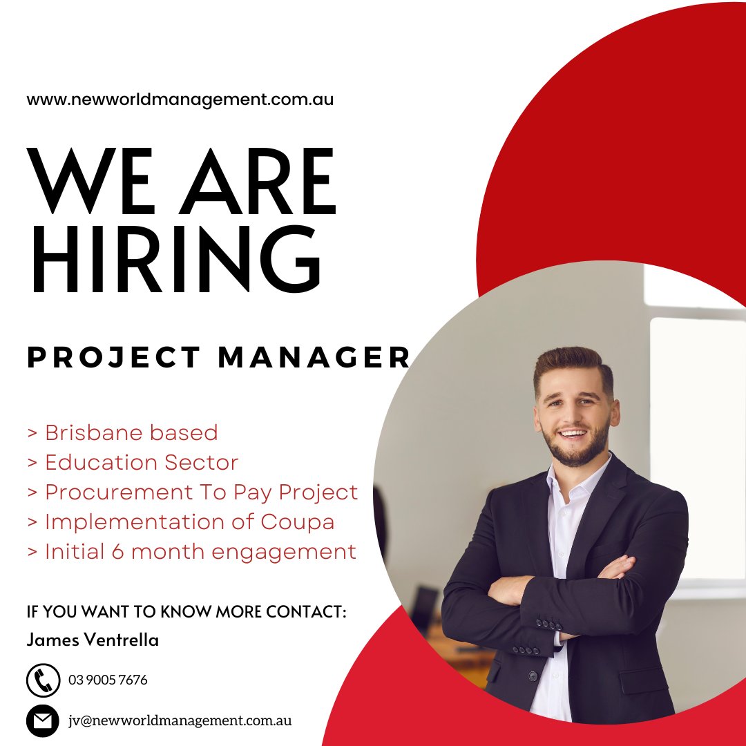 nwmfindajob's tweet photo. We are looking for a Project Manager!

If you are interested or you know someone that might be, contact James now via phone or email!

#projectmanager #brisbane #brisbanejobs #brisbanecareers #nwm #newworldmanagement #coupa #p2p #procurementtopayment #procurement #supplychain https://t.co/l1gWDLGH6w