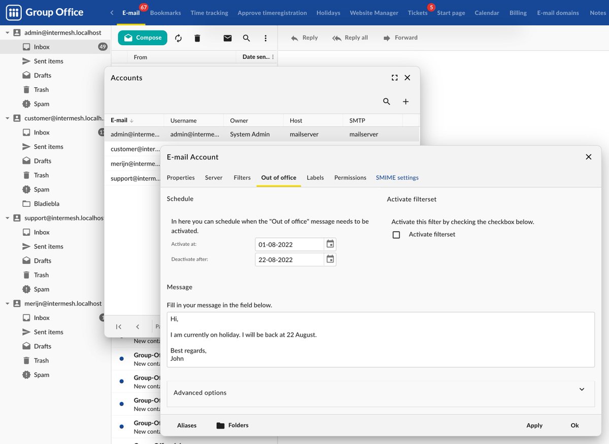 GroupOffice's tweet photo. For those who are about to go on holiday. You can easily set your out of office reply at E-mail -> Accounts -> Out office! Happy holidays to everyone! https://t.co/plzTRuoN4q
