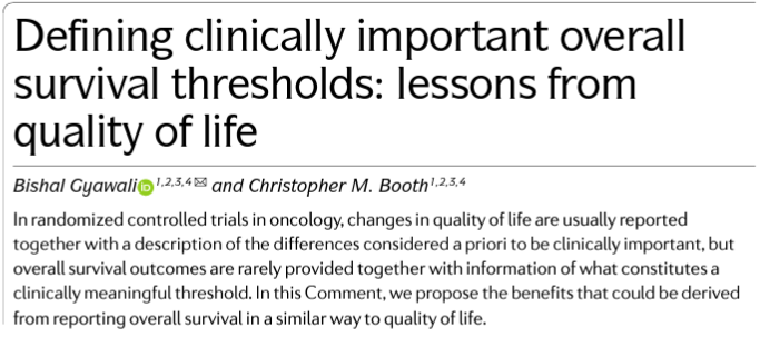 NatRevClinOncol's tweet photo. In a new Comment now live online, @oncology_bg &amp; Christopher Booth argue for the need to define clinically important overall survival thresholds in clinical trials, taking lessons from quality of life end points: https://t.co/ZQIq2eNwAR #hpeonc https://t.co/pOt3nloDFQ
