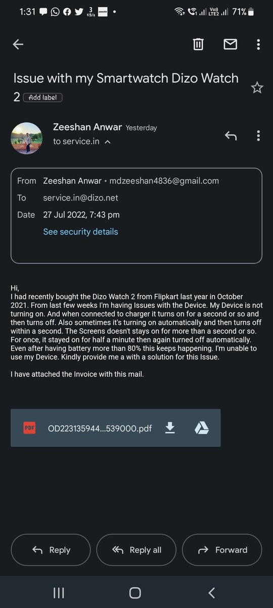 mainhoonzee's tweet photo. @DIZOTech @DIZOSupport 
My DIZO Watch 2 is having issues. I tried calling Customer Service Number but it's switched off or unreachable. I have written a Mail with full details of the Issue.
Please look into this matter and provide me a solution. https://t.co/OFvN45LWWn