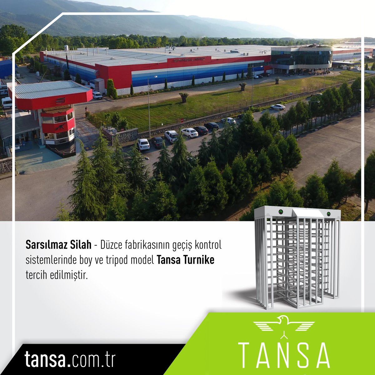 Sarsılmaz Silah - Düzce fabrikasının geçiş kontrol sistemlerinde boy ve tripod model Tansa Turnike tercih edilmiştir. #TansaTurnike #SarsılmazSilah #Tansa #Turnike #Sarsılmaz #Turnstile #Tripod #BoyTurnike #FullHeightTurnstile