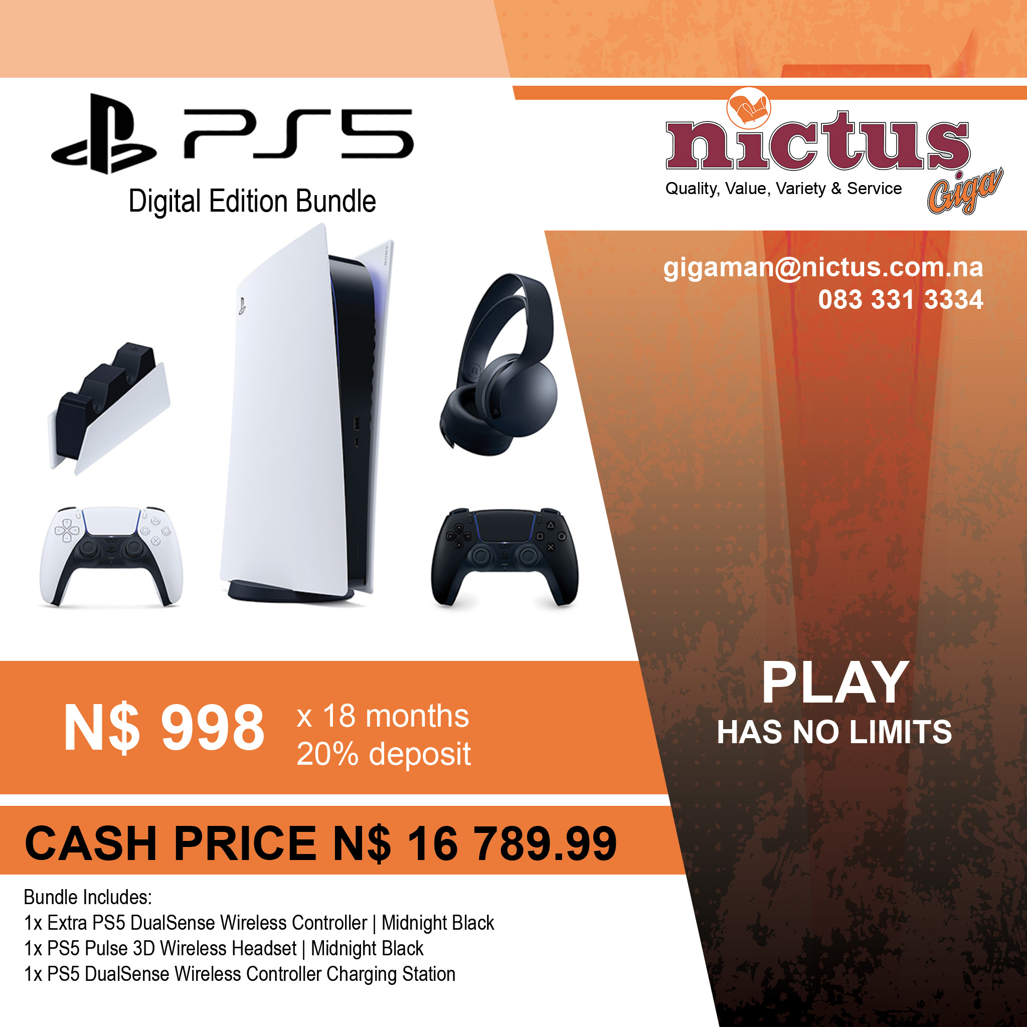 Nictus Namibia on X: Sony Playstation 5 Digital Edition [ Bundle Deal]  Price: N$ 16790.00 Bundle Includes: 1x Extra PS5 DualSense Wireless  Controller, Midnight Black 1x PS5 Pulse 3D Wireless Headset