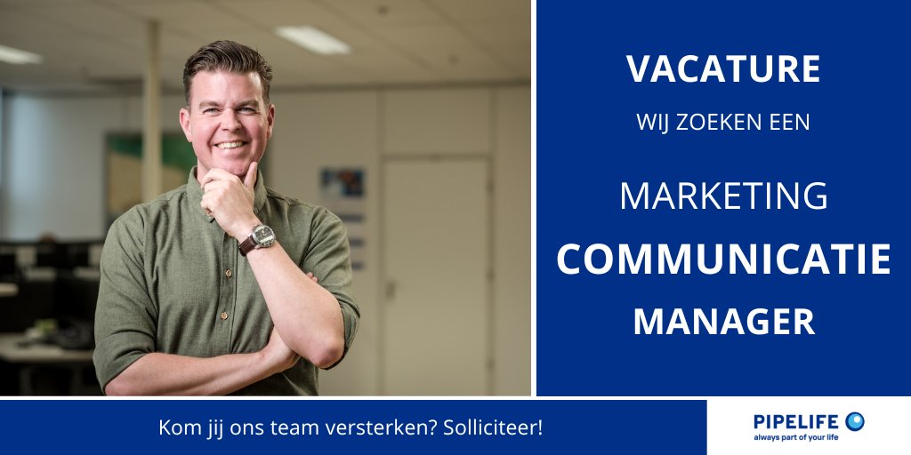 We zijn op zoek naar een Marketing &amp; Communicatie Manager met technische affiniteit.

Meer weten of solliciteren? 

Kijk op onze website, of neem contact op met Belinda Esvelt via  belinda.esvelt@pipelife.com of +31 6 2199 6526

#pipelife #vacature